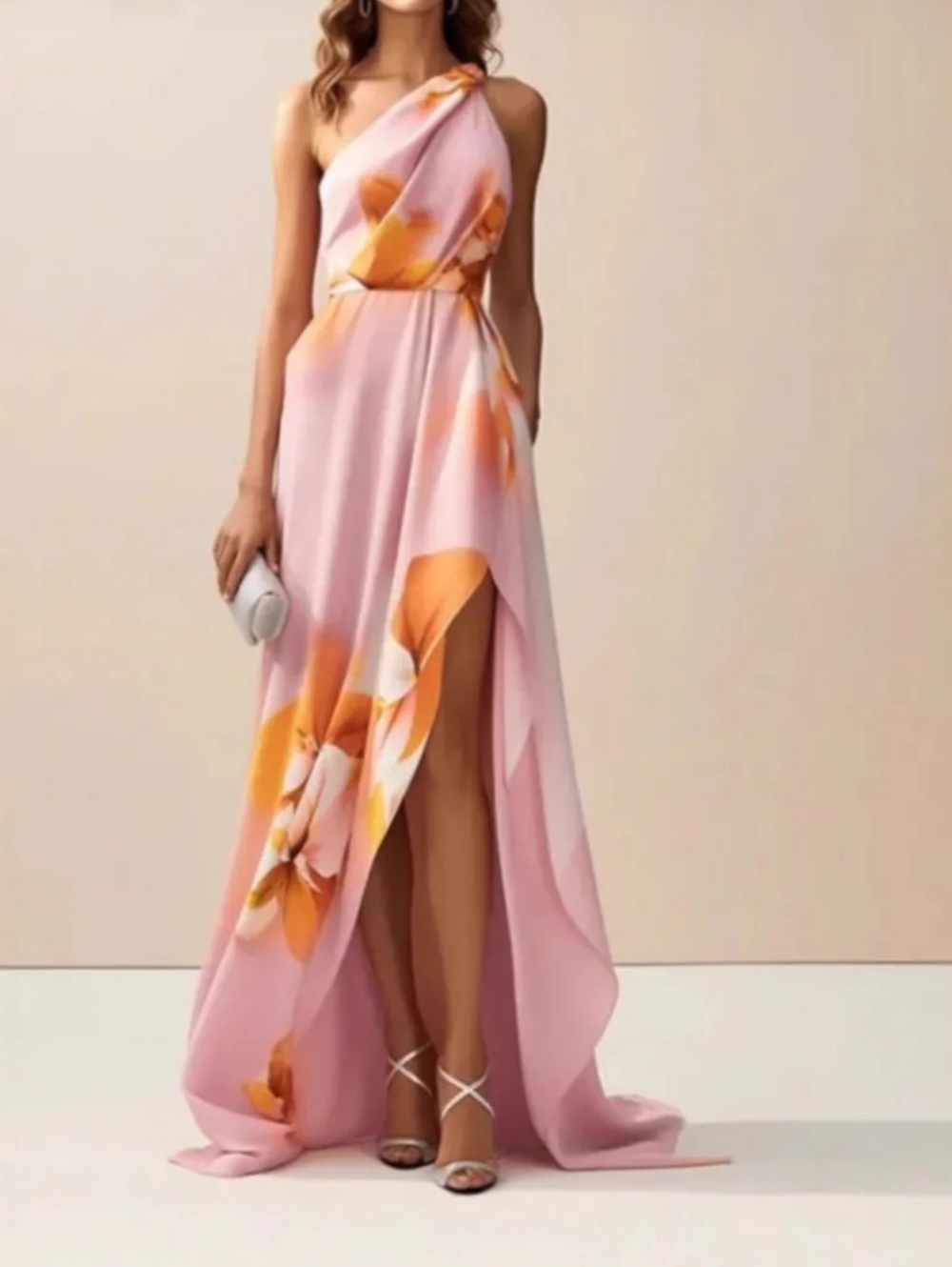 One-Shoulder Pink Floral Maxi Dress - Picture 3 of 4